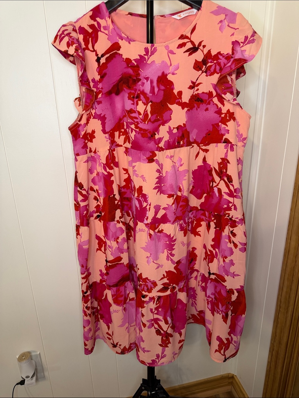 Floral Tiered Midi Dress in Peach and Magenta